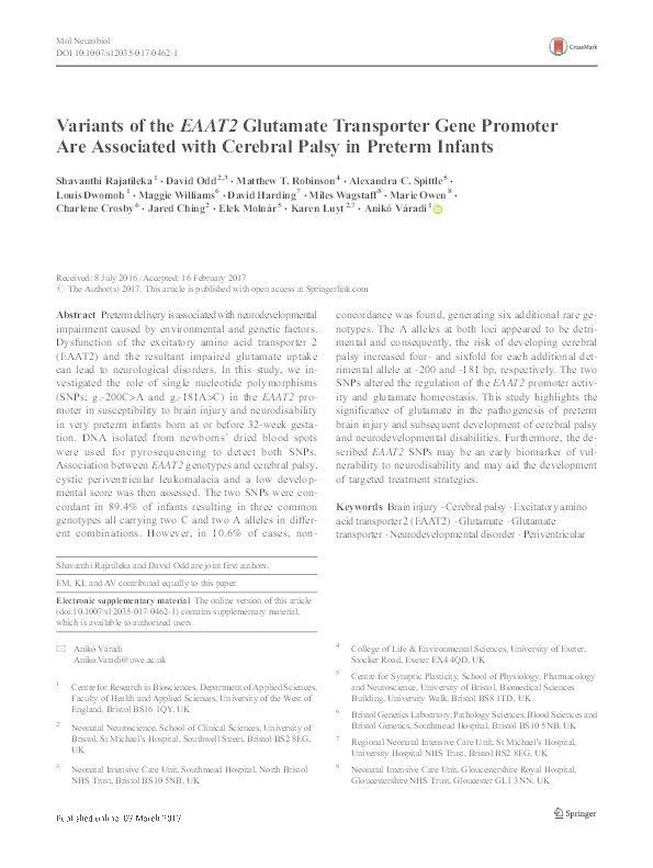 Variants of the EAAT2 Glutamate Transporter Gene Promoter Are Associated with Cerebral Palsy in Preterm Infants Thumbnail