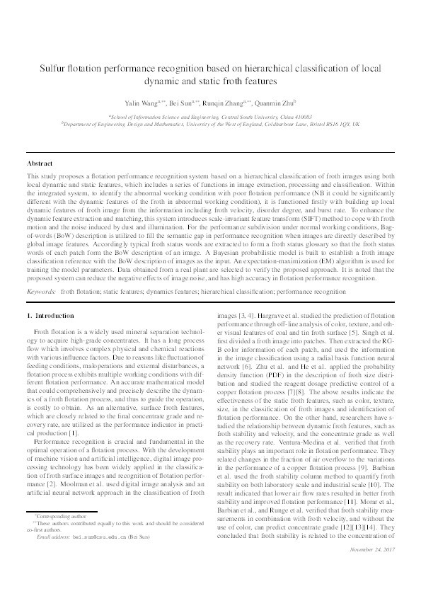 Sulfur Flotation Performance Recognition Based on Hierarchical Classification of Local Dynamic and Static Froth Features Thumbnail