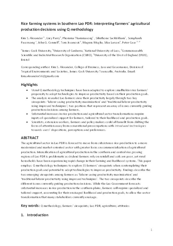 Rice farming systems in Southern Lao PDR: Interpreting farmers’ agricultural production decisions using Q methodology Thumbnail