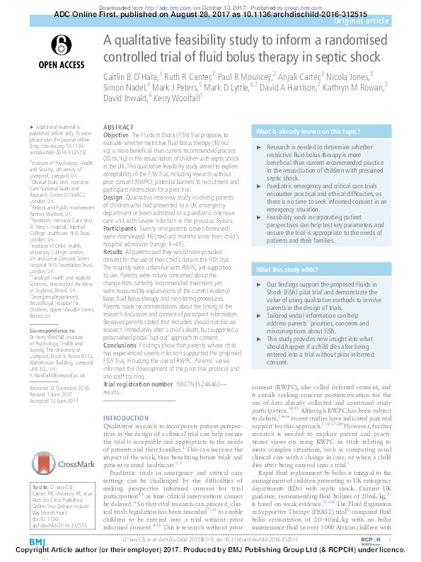 A qualitative feasibility study to inform a randomised controlled trial of fluid bolus therapy in septic shock Thumbnail