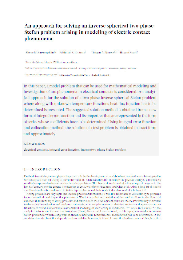 An approach for solving an inverse spherical two-phase Stefan problem arising in modeling of electric contact phenomena Thumbnail