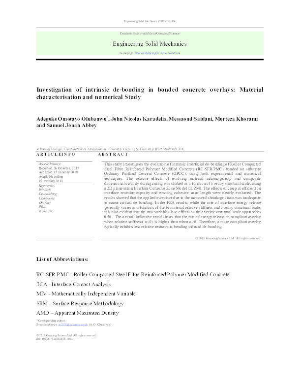 Investigation of intrinsic de-bonding in bonded concrete overlays: Material characterisation and numerical study Thumbnail