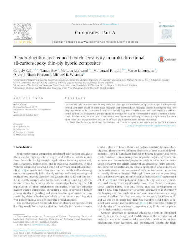 Pseudo-ductility and reduced notch sensitivity in multi-directional all-carbon/epoxy thin-ply hybrid composites Thumbnail