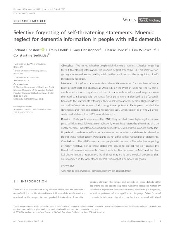 Selective forgetting of self-threatening statements: Mnemic neglect for dementia information in people with mild dementia Thumbnail