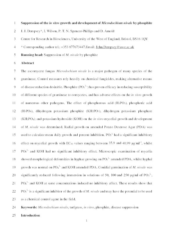 Suppression of the in vitro growth and development of Microdochium nivale by phosphite Thumbnail