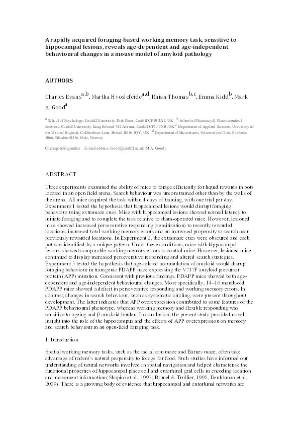 A rapidly acquired foraging-based working memory task, sensitive to hippocampal lesions, reveals age-dependent and age-independent behavioural changes in a mouse model of amyloid pathology Thumbnail