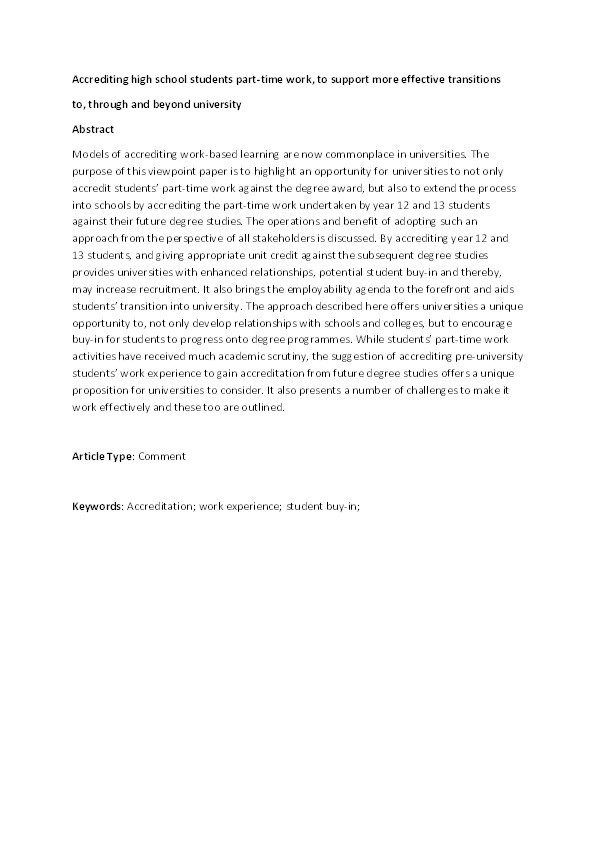 Accrediting high-school students’ part-time work to support effective transitions to, through and beyond university Thumbnail