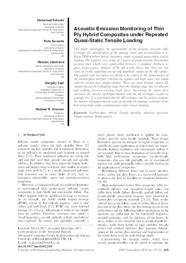 Acoustic emission monitoring of thin ply hybrid composites under repeated quasi-static tensile loading Thumbnail