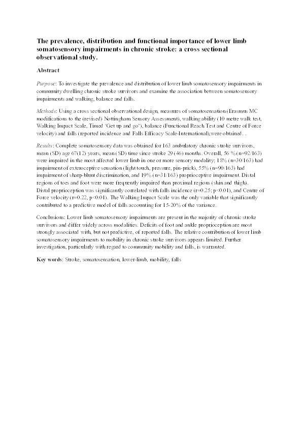 The prevalence, distribution, and functional importance of lower limb somatosensory impairments in chronic stroke survivors: a cross sectional observational study Thumbnail