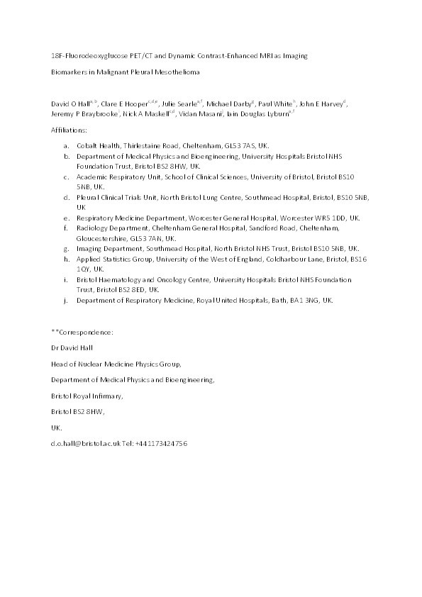18 F-Fluorodeoxyglucose PET/CT and dynamic contrast-enhanced MRI as imaging biomarkers in malignant pleural mesothelioma Thumbnail
