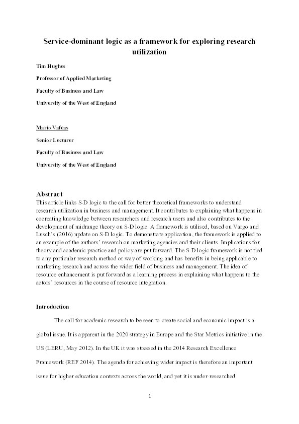 Service-dominant logic as a framework for exploring research utilization Thumbnail
