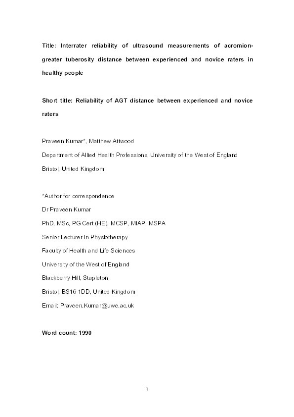 Inter-rater reliability of ultrasound measurements of acromion–greater tuberosity distance between experienced and novice raters in healthy people Thumbnail