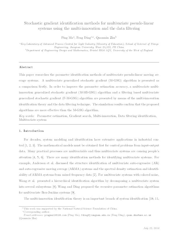 Decomposition-based recursive least squares identification methods for multivariate pseudo-linear systems using the multi-innovation Thumbnail