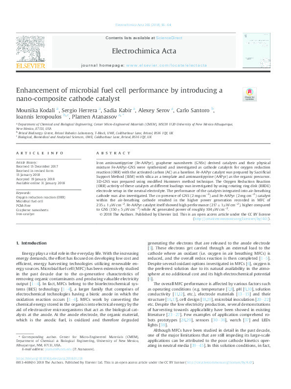 Enhancement of microbial fuel cell performance by introducing a nano-composite cathode catalyst Thumbnail