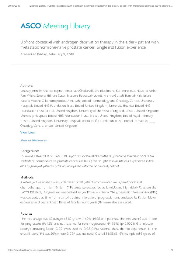 Upfront docetaxel with androgen deprivation therapy in the elderly patient with metastatic hormone-naïve prostate cancer: Single institution experience Thumbnail