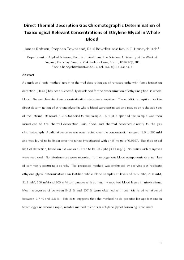 Direct thermal desorption gas chromatographic determination of toxicologically relevant concentrations of ethylene glycol in whole blood Thumbnail