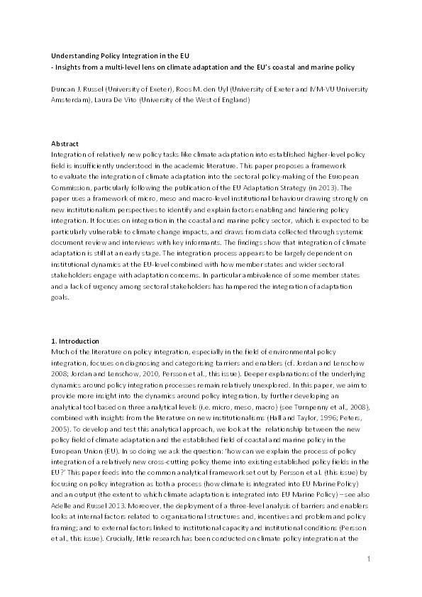 Understanding policy integration in the EU—Insights from a multi-level lens on climate adaptation and the EU's coastal and marine policy Thumbnail