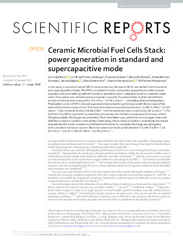 Ceramic Microbial Fuel Cells Stack: Power generation in standard and supercapacitive mode Thumbnail