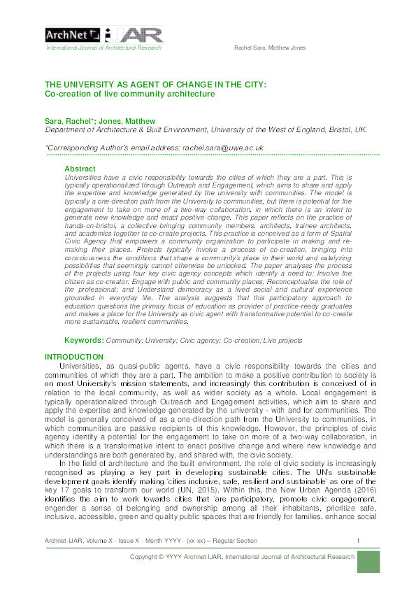 The university as agent of change in the city: Co-creation of live community architecture Thumbnail