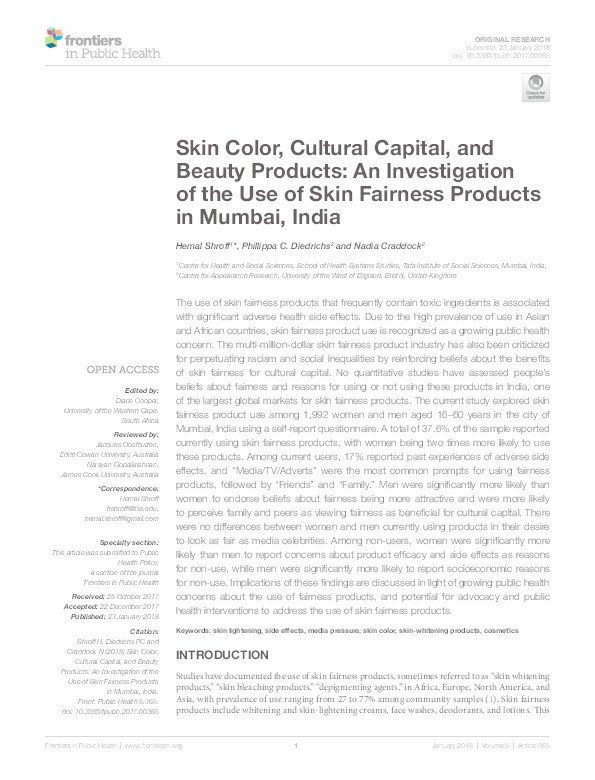 Skin color, cultural capital, and beauty products: An investigation of the use of skin fairness products in Mumbai, India Thumbnail