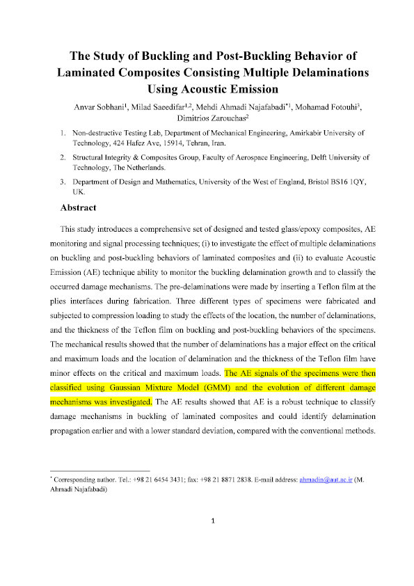 The study of buckling and post-buckling behavior of laminated composites consisting multiple delaminations using acoustic emission Thumbnail