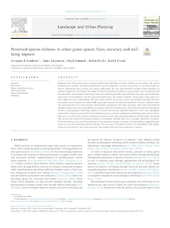 Perceived species-richness in urban green spaces: Cues, accuracy and well-being impacts Thumbnail