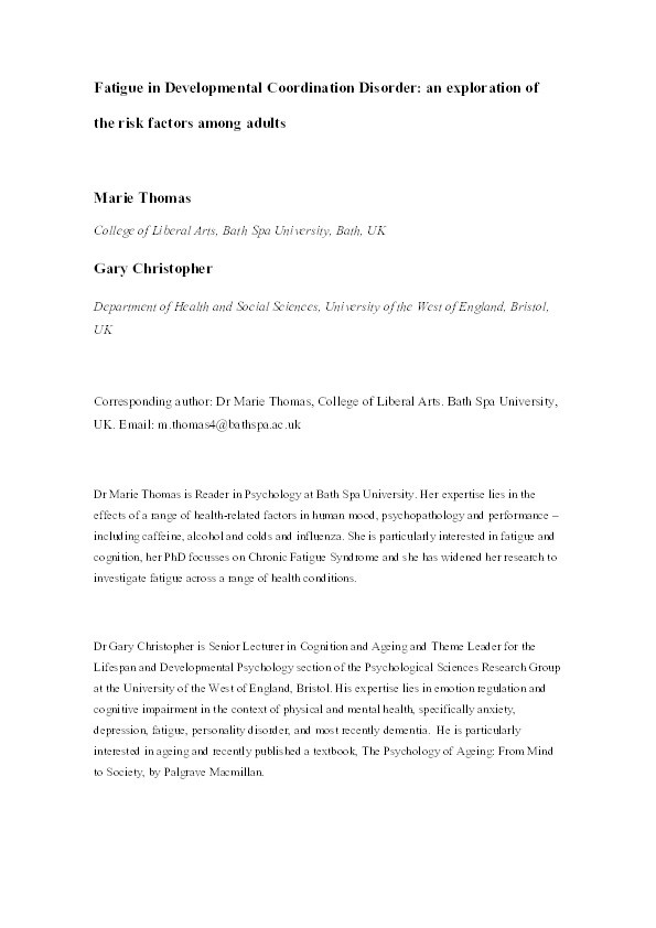 Fatigue in developmental coordination disorder: An exploratory study in adults Thumbnail