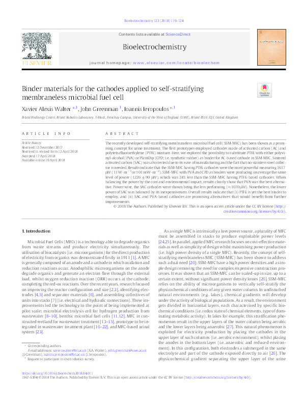 Binder materials for the cathodes applied to self-stratifying membraneless microbial fuel cell Thumbnail