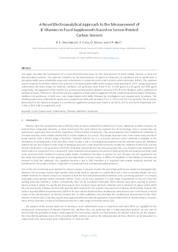 A novel electroanalytical approach to the measurement of B vitamins in food supplements based on screen-printed carbon sensors Thumbnail