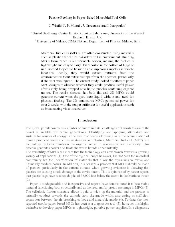 Passive feeding in paper-based microbial fuel cells Thumbnail