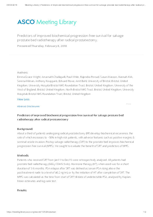 Predictors of improved biochemical progression free survival for salvage prostate bed radiotherapy after radical prostatectomy Thumbnail