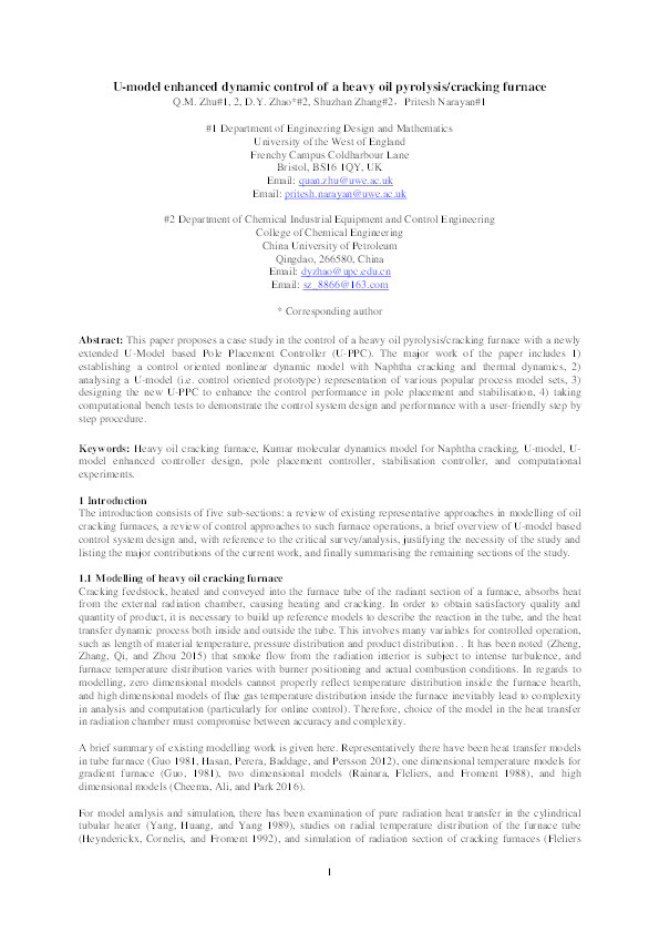 U-model enhanced dynamic control of a heavy oil pyrolysis/cracking furnace Thumbnail