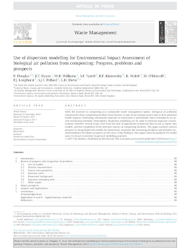 Use of dispersion modelling for Environmental Impact Assessment of biological air pollution from composting: Progress, problems and prospects Thumbnail