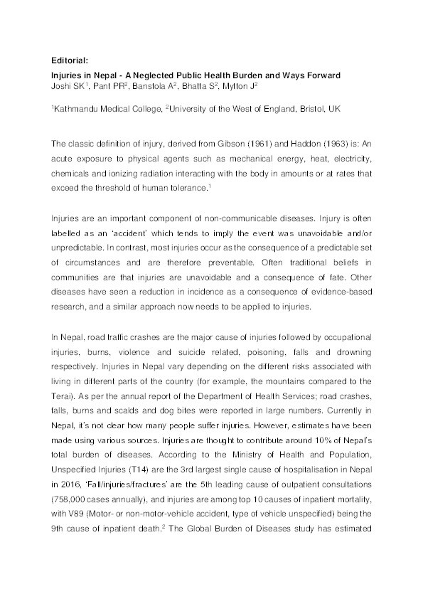 Injuries in Nepal - A neglected public health burden and ways forward Thumbnail