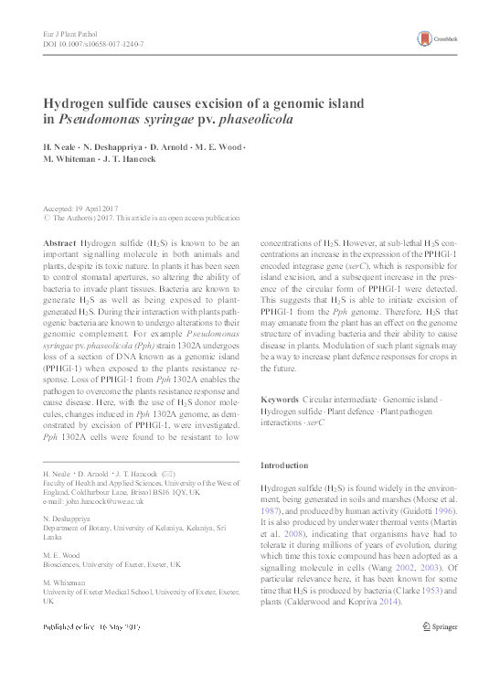 Hydrogen sulfide causes excision of a genomic island in Pseudomonas syringae pv. phaseolicola Thumbnail