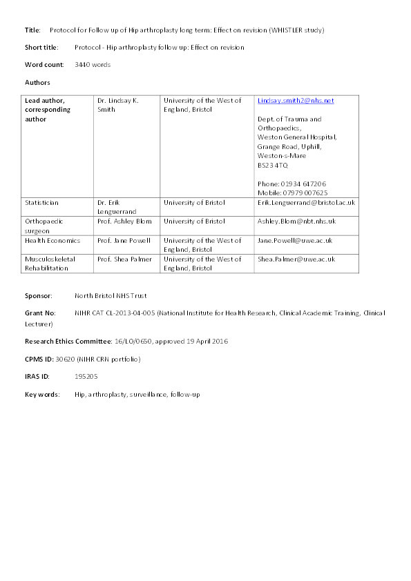 Protocol for follow up of hip arthroplasty in the long term: Effect on revision (WHISTLER study) Thumbnail