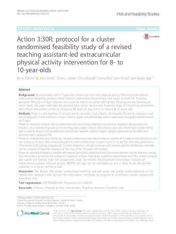 Action 3:30R: Protocol for a cluster randomised feasibility study of a revised teaching assistant-led extracurricular physical activity intervention for 8- to 10-year-olds Thumbnail