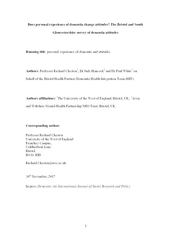 Does personal experience of dementia change attitudes? The Bristol and South Gloucestershire survey of dementia attitudes Thumbnail