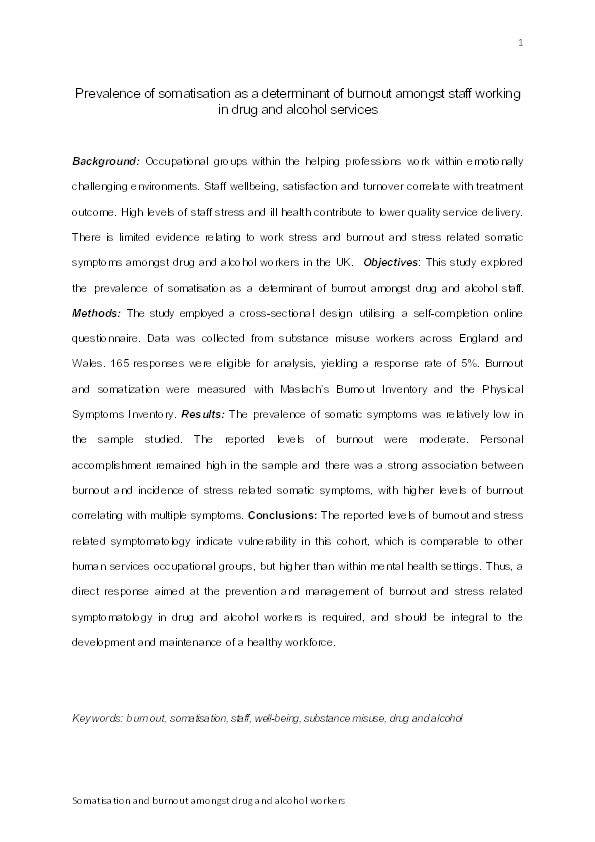 Prevalence of somatisation as a determinant of burnout amongst staff working in drug and alcohol services Thumbnail