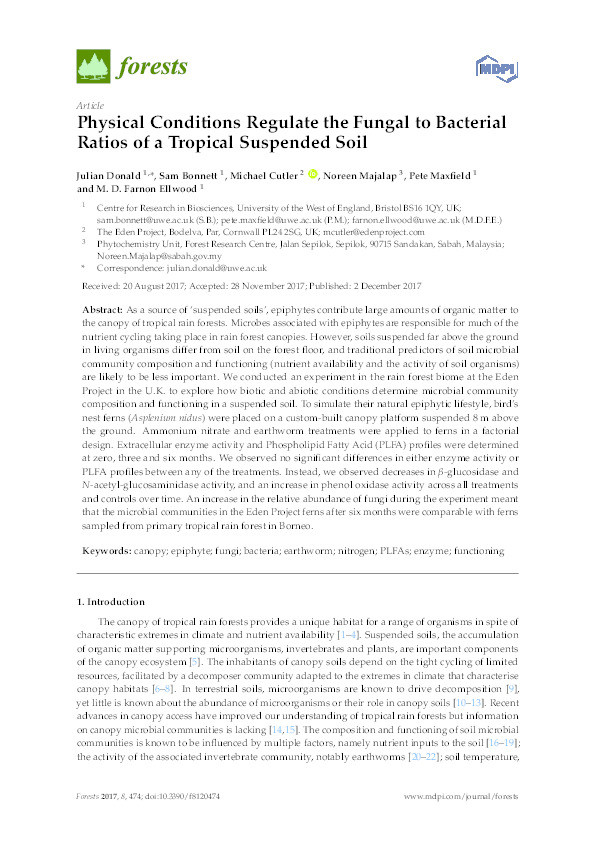 Physical conditions regulate the fungal to bacterial ratios of a tropical suspended soil Thumbnail