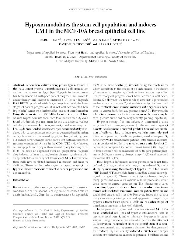 Hypoxia modulates the stem cell population and induces EMT in the MCF-10A breast epithelial cell line Thumbnail