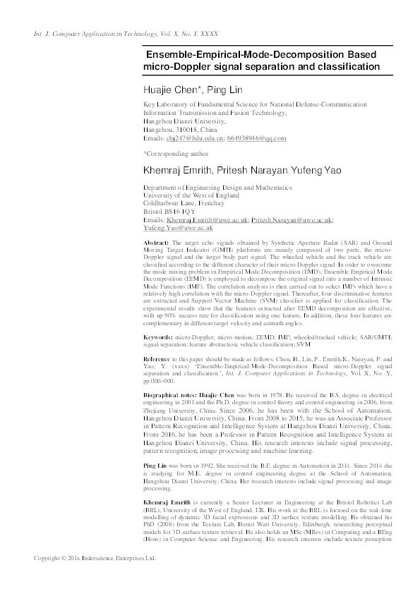 Ensemble-Empirical-Mode-Decomposition based micro-Doppler signal separation and classification Thumbnail