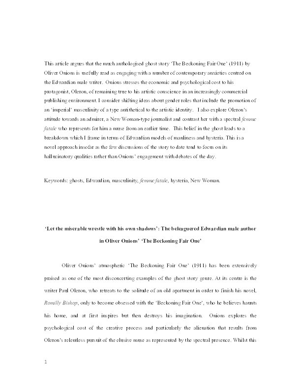 ‘Let the miserable wrestle with his own shadows’: The beleaguered Edwardian male author in Oliver Onions’ ‘The Beckoning Fair One’ Thumbnail