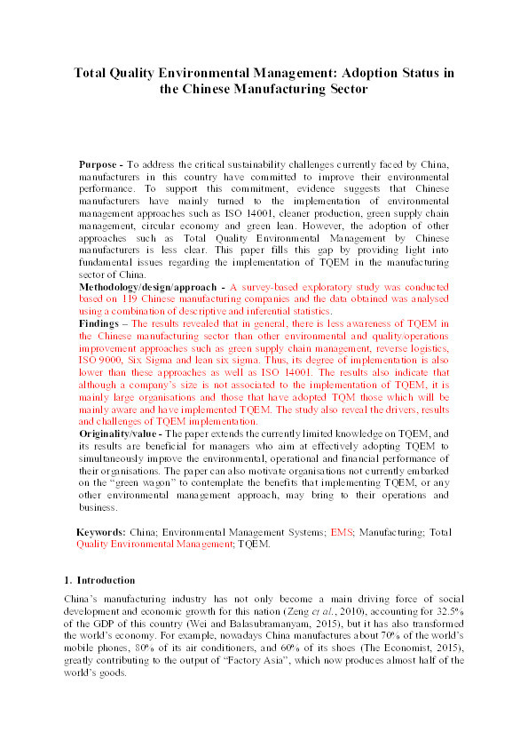 Total quality environmental management: Adoption status in the Chinese manufacturing sector Thumbnail