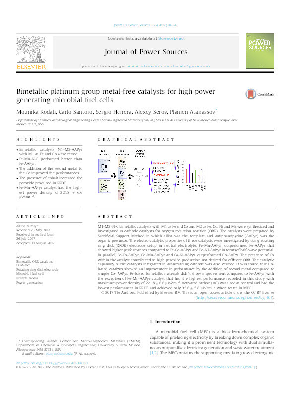 Bimetallic platinum group metal-free catalysts for high power generating microbial fuel cells Thumbnail