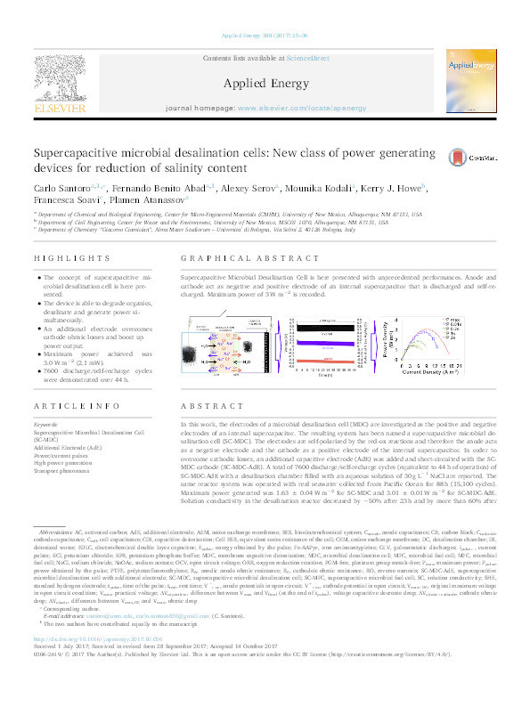 Supercapacitive microbial desalination cells: New class of power generating devices for reduction of salinity content Thumbnail