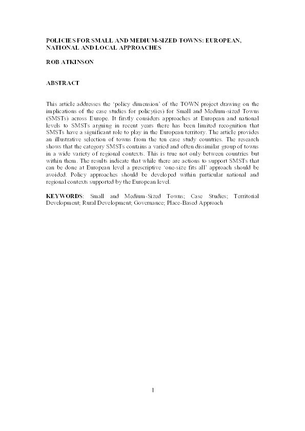 Policies for small and medium-sized towns: European, national and local approaches Thumbnail