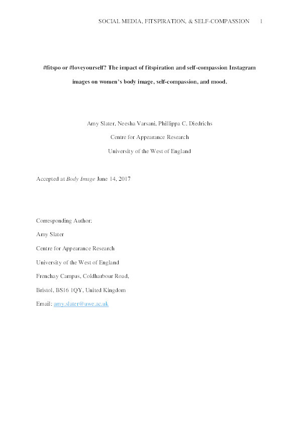 #fitspo or #loveyourself? The impact of fitspiration and self-compassion Instagram images on women's body image, self-compassion, and mood Thumbnail