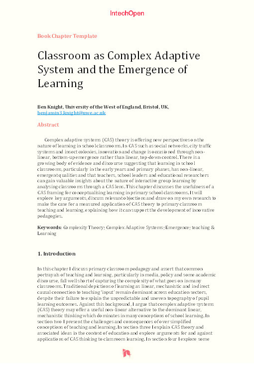 Classroom as complex adaptive system and the emergence of learning Thumbnail