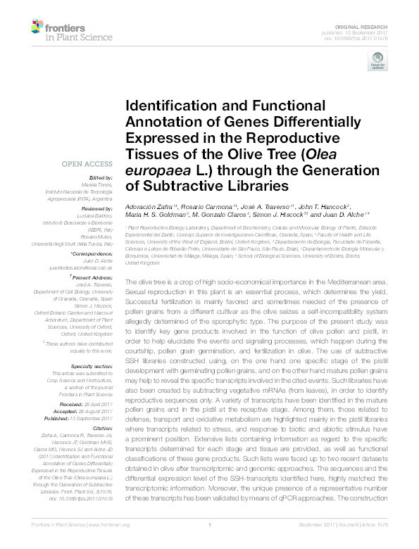 Identification and functional annotation of genes differentially expressed in the reproductive tissues of the olive tree (Olea europaea L.) through the generation of subtractive libraries Thumbnail